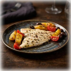 Dorade / Orata nach ligurischer Art mit Kartoffeln, Tomaten und Oliven